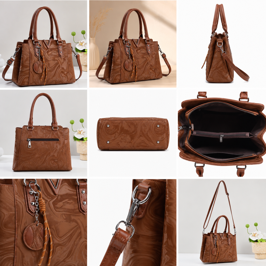 Elegant Brown Glossy Handbag for Women – Premium Shoulder Bag